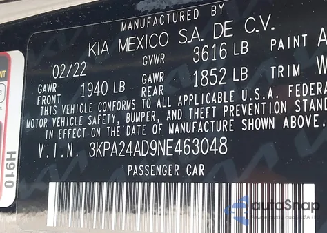 2022 Kia Rio Lx from USA, damaged, VIN 3KPA24AD9NE463048